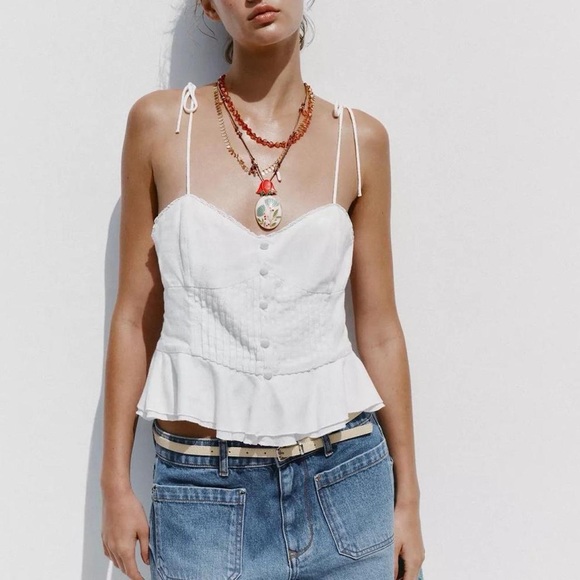 NWT Zara Linen Tie Strap Lace Corset Tank Top in White - M - Picture 5 of 7